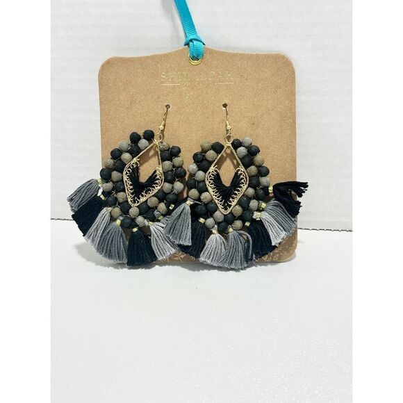 Shiraleah Statement‎ Fringe Tassel Beaded Earrings Dangle Drop Black Gray Gold - Picture 2 of 8